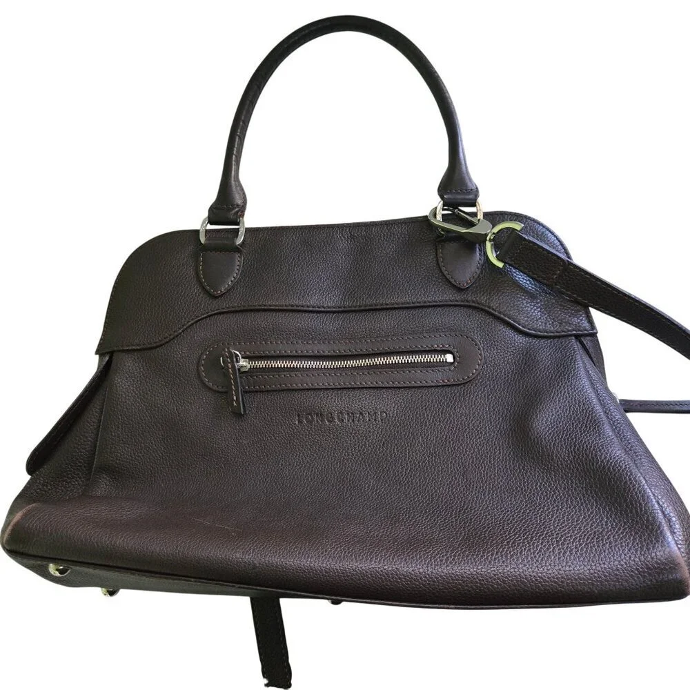 Longchamps Brown Pebbled Leather Top Handle Two Way Zip Satchel Crossbody